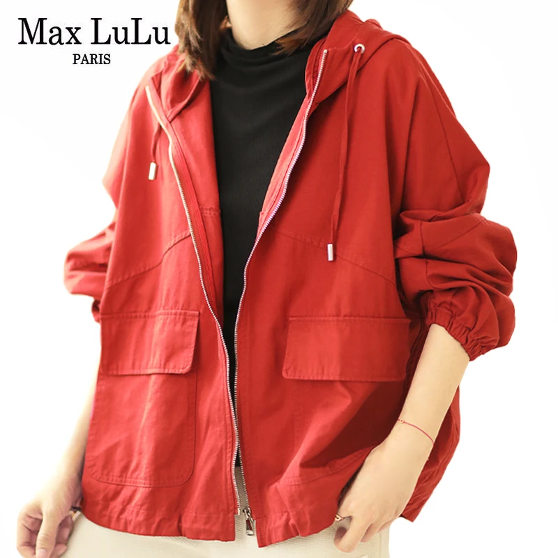 

Куртка женская Max LuLu, красная, на молнии, с карманами, повседневная, свободная, с капюшоном, осень 2021