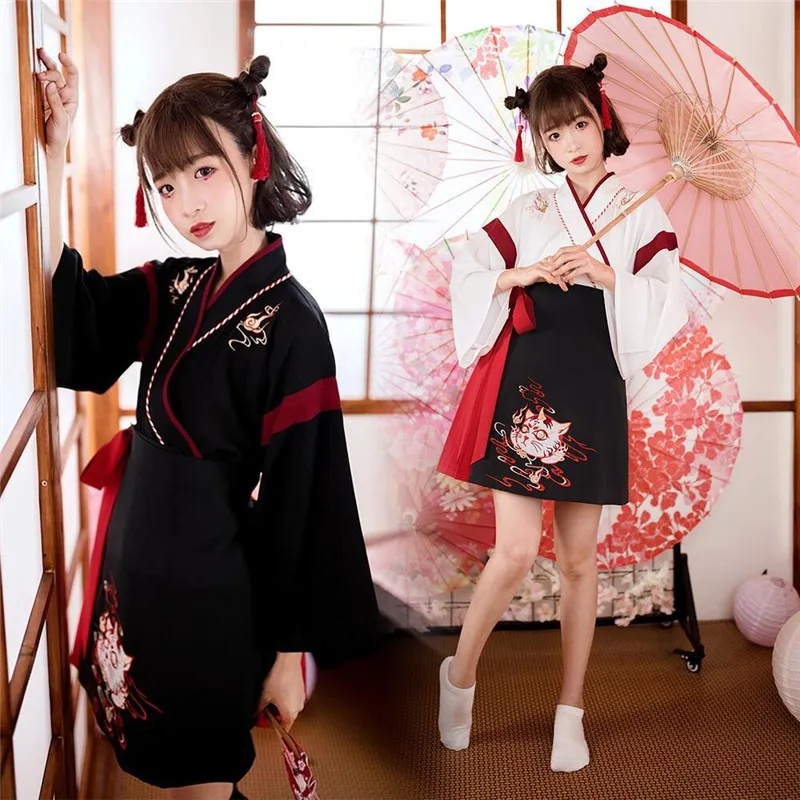 Woman Japanese Dress Kimono Sweet Cat Embroidery Yukata Haori Cosplay Skirt Tops Set Full Sleeve Ancient Oriental Clothing | Тематическая