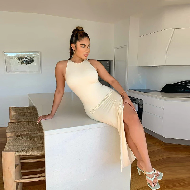 

NOVAINSPO Summer Sleeveless Basic Cut Out Mid Waist Solid Elegant Dress 2021 Fashion Casual Sexy Backless Skinny Pencil Dress