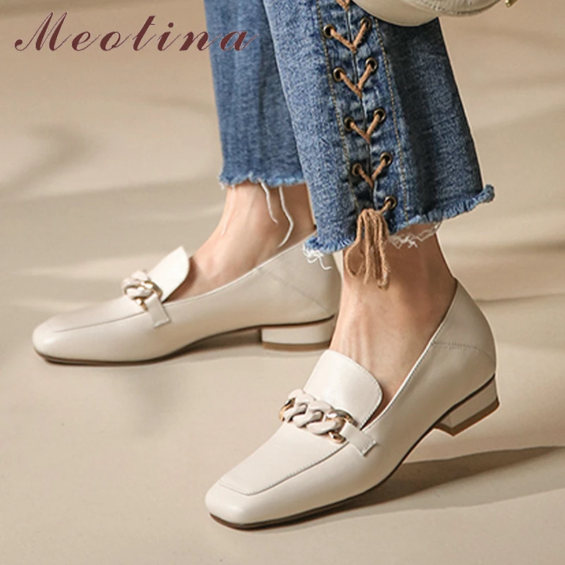 

Meotina Genuine Leather Flat Shoes Women Loafers Shoes Square Toe Casual Chain Ladies Footwear Apricot Beige 2022 Spring Autumn