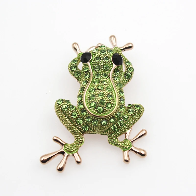 Luxury Green Crystal Frog Brooch With The Chain Rose Gold Silver Color Animal Brooches Pins For Women Dress Coat Accessories