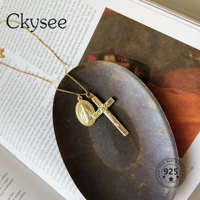 

Ckysee 925 sterling silver Jesus INS Style Cross Necklace Gold Double Pendant Necklace Sweater Chain For Women Fine Jewelry