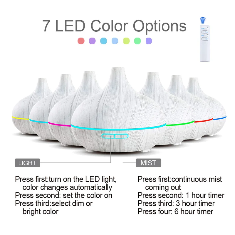 

550ml Air Humidifier Ultrasonic Electric Aroma Oil Diffuser White Wood Grain remote control 7 colors LED Lights for home