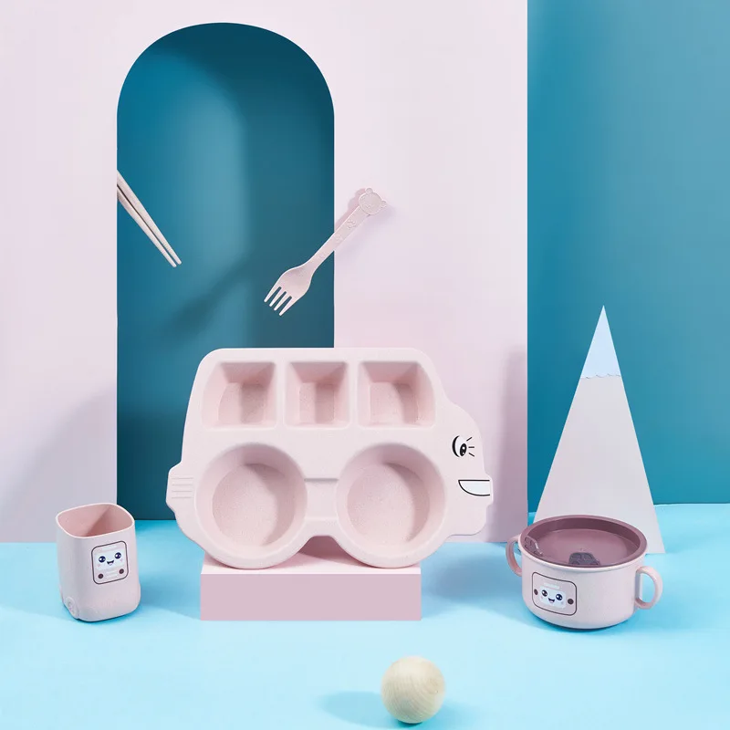 Children's tableware set bowl spoon fork feeding training meal cartoon creative car animal anti-scalding wheat straw plate | Мать и