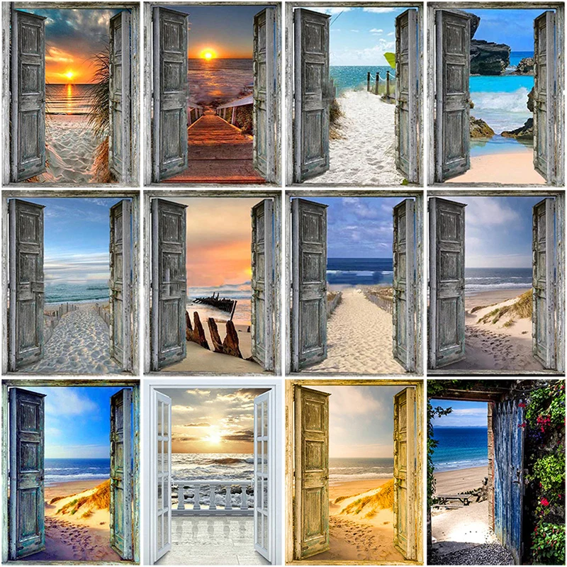 

DIY 5D Diamond Painting House Door Beach Seaside Scenery Diamond Embroidery Cross Stitch Kit Mosaic Full Round Rhinestone Decor