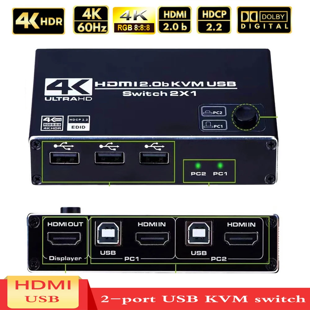 

2 порта HDMI USB KVM 4K переключатель сплиттер 4K @ 60 Гц RGB/YUV 8:8:8HDR HDMI 2,0 переключатель 2x1 для совместного использования клавиатуры и мыши принтера
