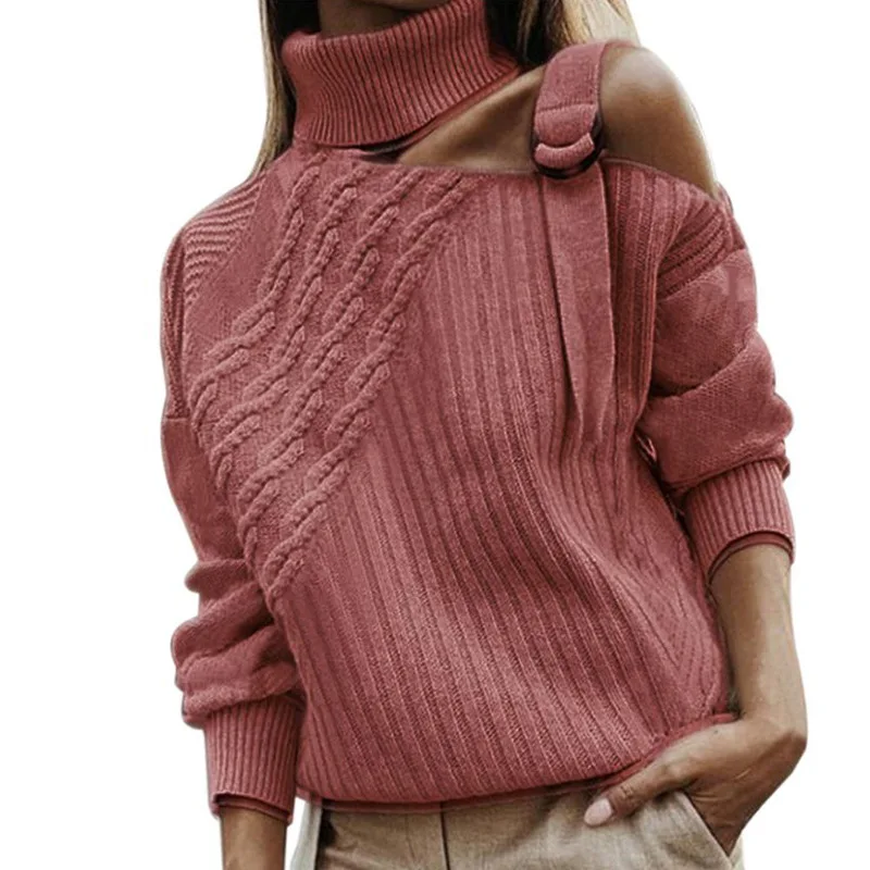Turtleneck Long Sleeve Knitted Sweater Women Sexy Off Shoulder Patchwork Pullover 2020 Winter Autumn Fashion Ribbed Sweaters Top | Женская