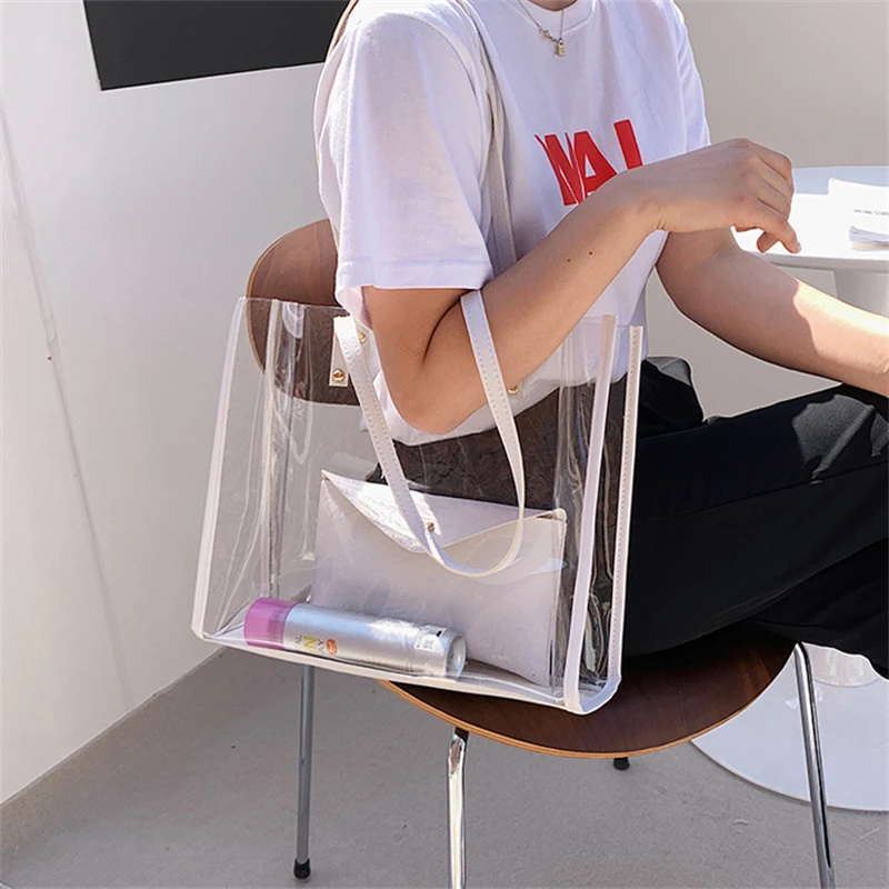 

Ladies Transparent Pvc Shopping Bag + PU Shoulder Bag Large Capacity Beach Holiday Bag Summer 2023 New Hot Sale