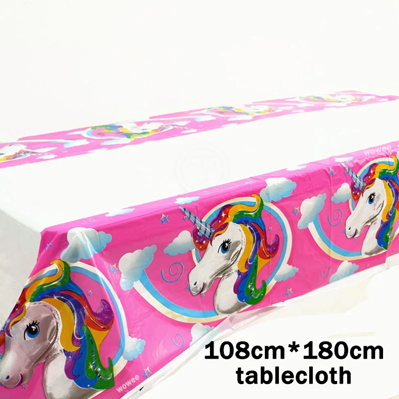 108180cm Tablecloth Принадлежности для тематической вечеринки в виде единорога скатерть салфетки тарелки попкорн принадлежности чашки ножи и вилки ложки День рождения украшения - Цвет: 108180cm Tablecloth