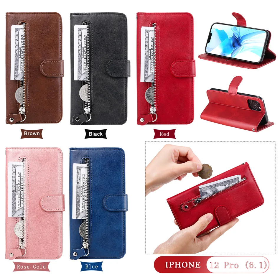 

Luxury Leather Zipper Flip Wallet Case For iPhone 12 Mini 11 Pro X XS MAX XR 6 6s 7 8 Plus SE 2020 Card Holder Stand Phone Cover