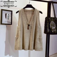 sweater vest women solid knitted pocket v neck vests sweaters womens korean style simple spring loose leisure trendy chic