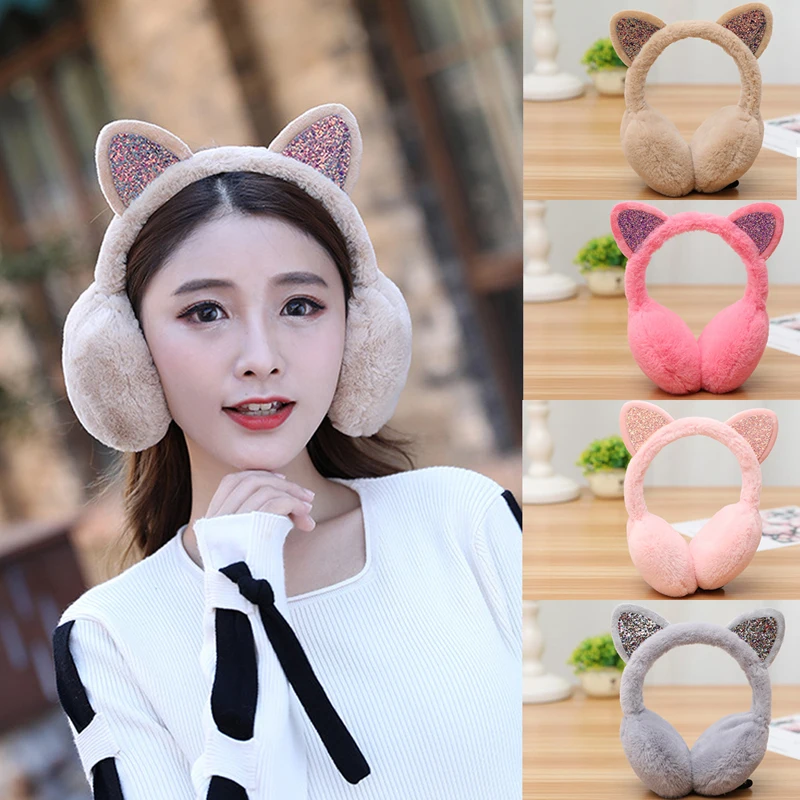 

IMCUTE New Lovely Winter Warm Cat Ear Warmers Glitter Ears Plush Earmuffs For Women Playful Girls Ear Muffs Cold Protection Warm