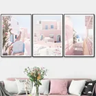 Постер и печать в стиле бохо, набор из 3 постеров с изображением Греции и Санторини, бледно-розовая Картина на холсте, Современная Настенная картина для спальни, гостиной, домашний декор