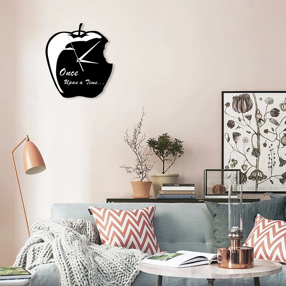 Once Upon A Time Fairytale Bitten Apple Shape Clock Black and White Modern Wall Silent Quartz Home Decor | Дом и сад