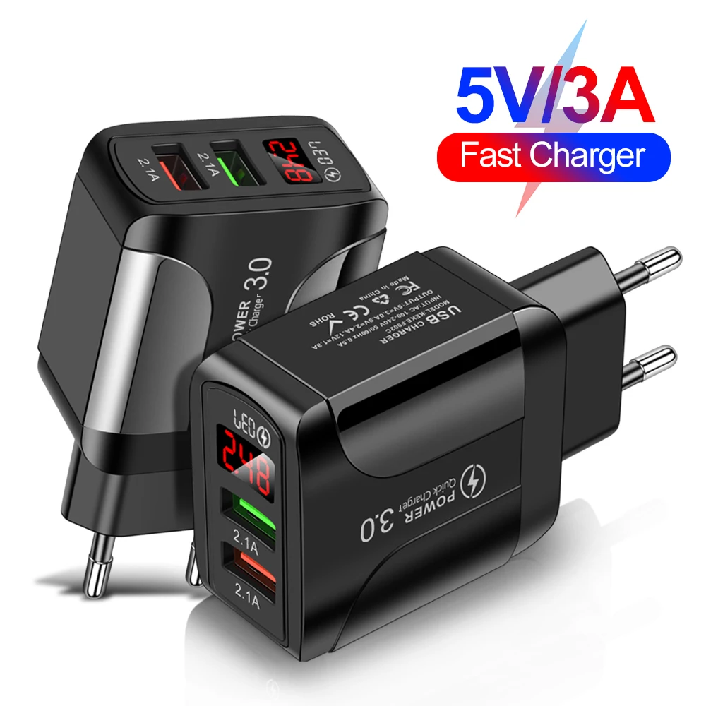 

5V 3A Quick Charge 3.0 USB Charger For iPhone 12 13 Pro 8 Xiaomi Samsung Huawei Digital Display Fast Charging Wall Phone Charger