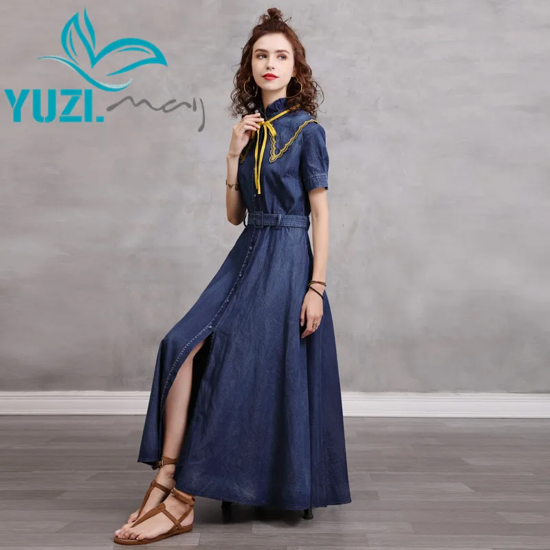 Dresses For Women 2021 Yuzi.may Boho New Denim Women Dress Stand Collar Short Sleeve Belted Single Breasted Vestidos A82307