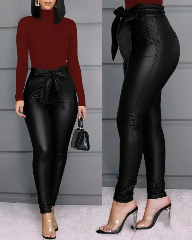 

Sexy Women's Leggings PU Leather Pants Stretchy Skinny Pencil Trousers High Waisted Fashion Female