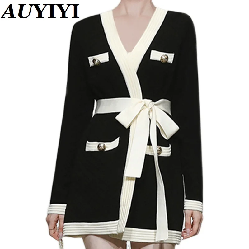 

AUYIYI 2022 New Autumn Fashion Temperament All-Match Small Fragrance Style V-Neck Slim Long-Sleeved Waist Knitted Dress Women