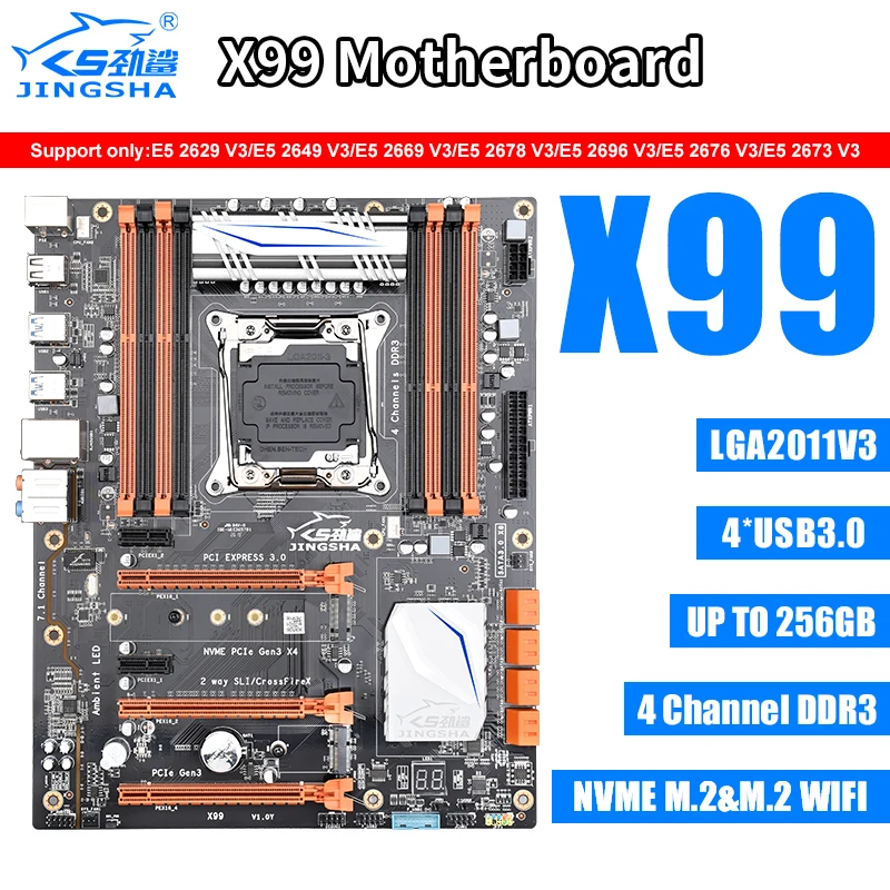 Материнская плата JINGSHA X99 LGA 2011 V3 ЦП 8 * DDR3 DIMM SATA3.0 NVME M.2 WIFI Поддержка процессора Xeon E5 V4