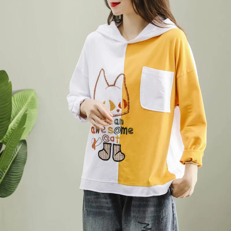 

Masss Wasss European Style Spring Female Patchwork Hooded Tees Womens Loose Embroidery Tshirts Ladies Fitness Clothes Plus Size