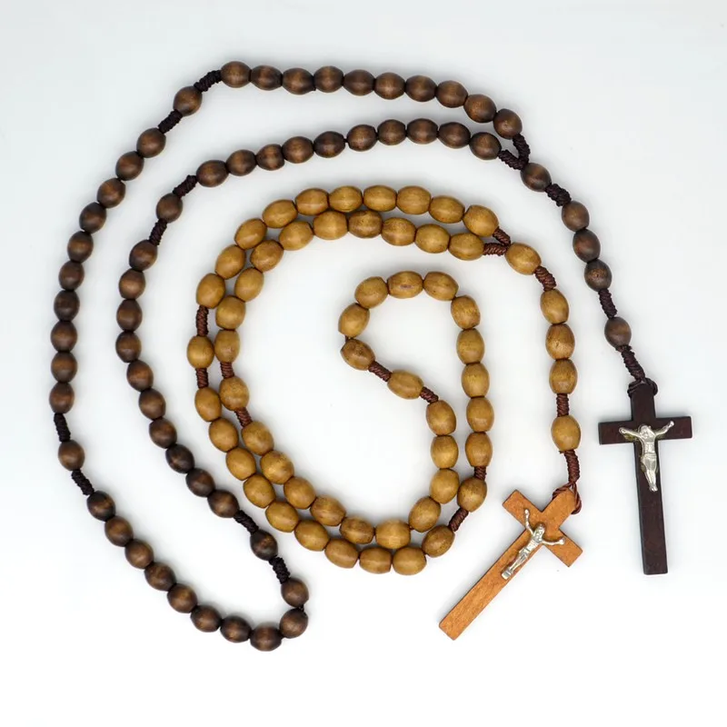 Овальные деревянные четки кулон с крестом Иисуса ожерелье католицизма модные