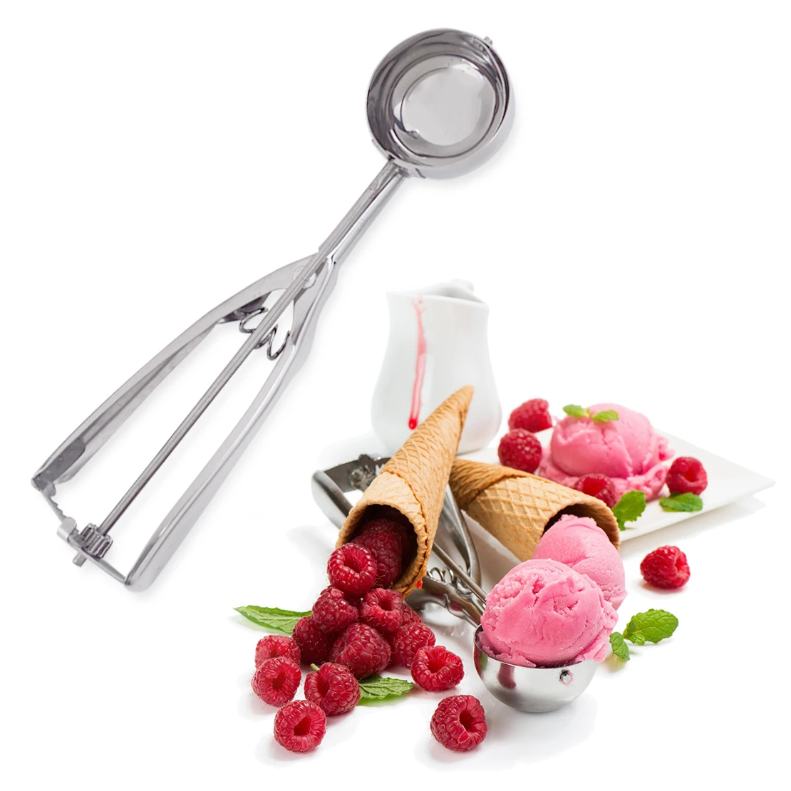 

Silver Stainless Steel Ice Cream Scoop Mash Potato Spoon Spring Handle Food Baller Fast Kitchen Tool
