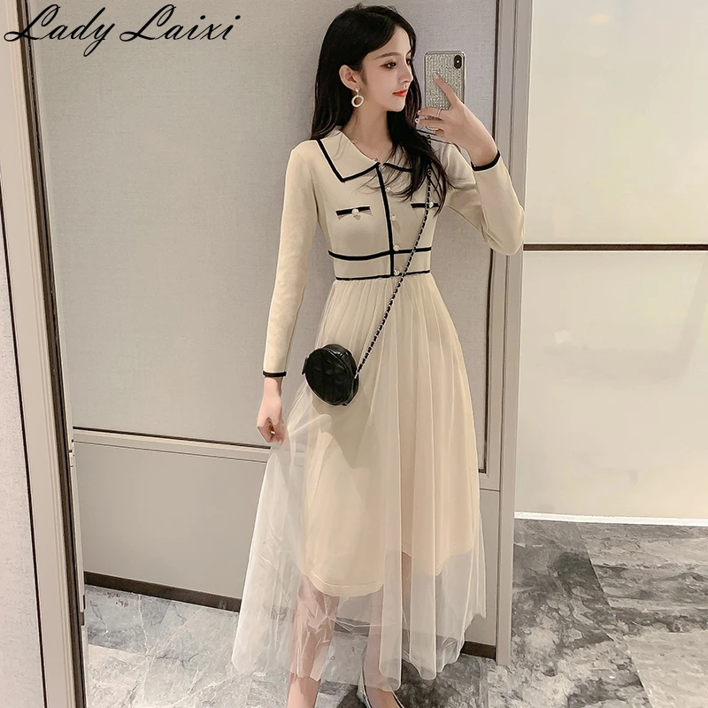 Женское трикотажное платье с отложным воротником и длинным рукавом|Женские