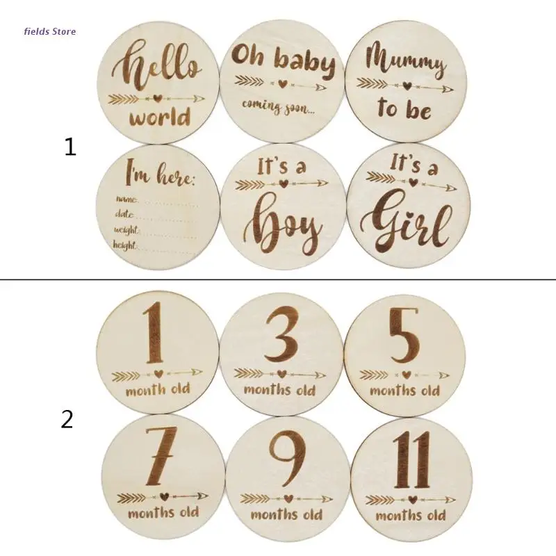

6 Pcs Handmade Baby Milestone Card Vintage Numbers Engraved Wood Infants Gender Card Bathing Gift Newborn Photography Props