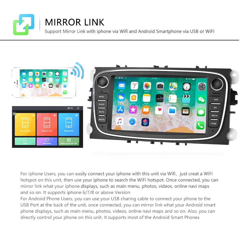Hikity 2din автомобильный радиоприемник " Зеркало Ссылка проигрыватель Android gps wifi Bluetooth CANBUS для Ford Focus Mondeo C-MAX S-MAX Galaxy II Kuga