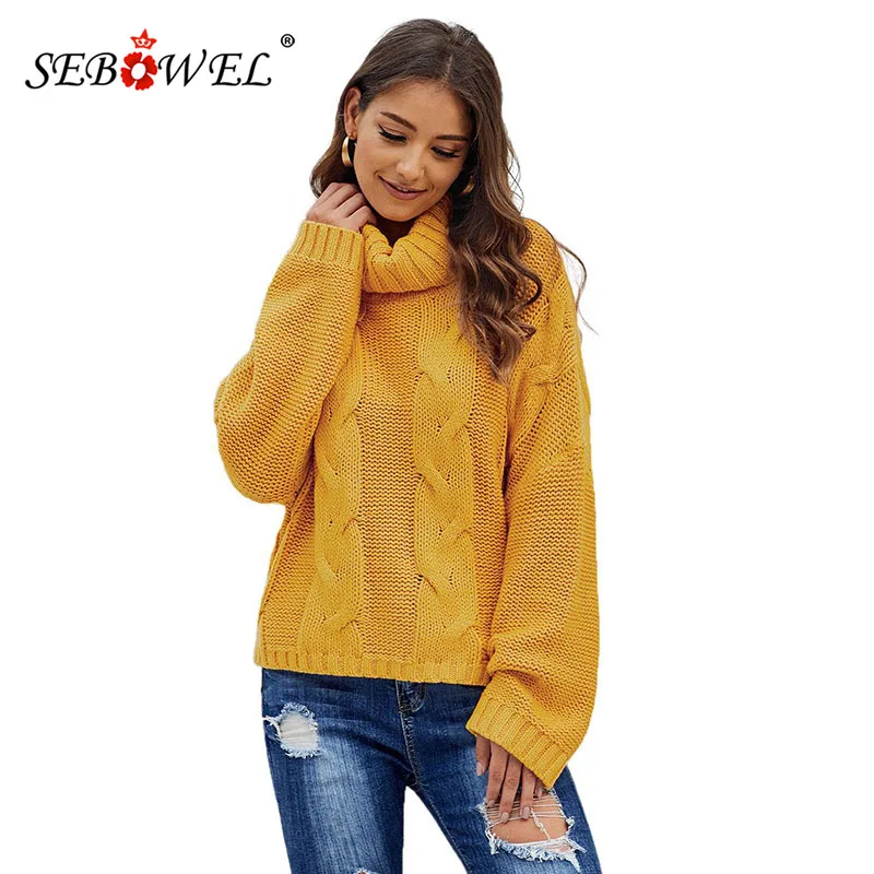 Модные женские свитера SEBOWEL с воротником-хомутом вязаные оверсайз пуловеры