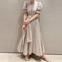 women long maxi dresses summer solid minimalist korean japanese casual elegant fashion puff short sleeve pleated dress for lady