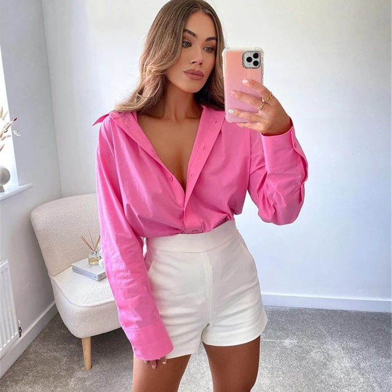 Блузка женская однобортная с отложным воротником Офисная Простая рубашка