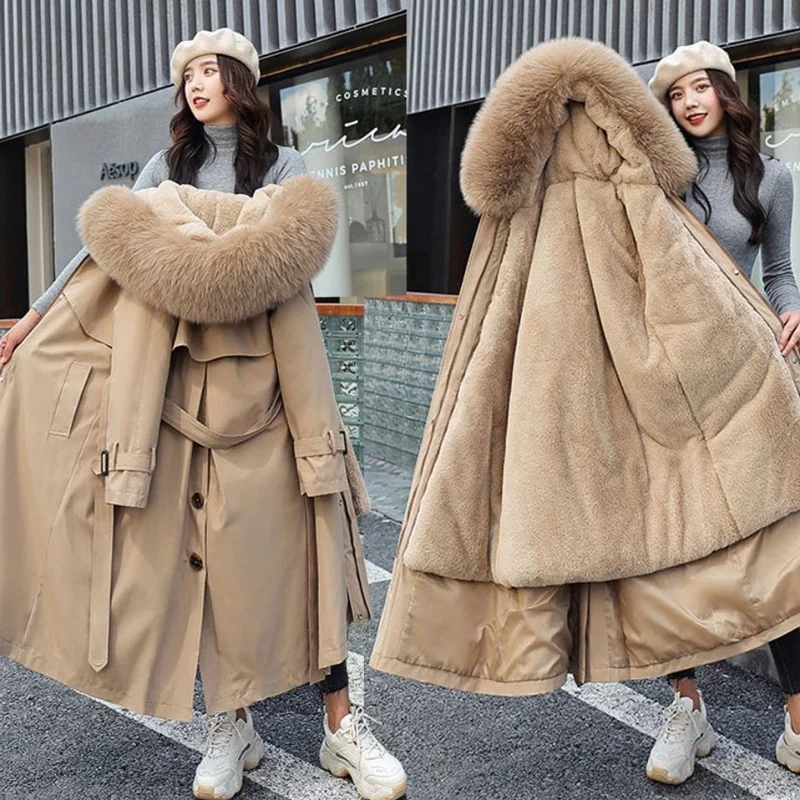 

FAKUNTN Hooded X-Long Women Winter Jacket Thick Faux Fur Padded Parkas Woman Distachable Plus Size Coat kurtka puchowa damska