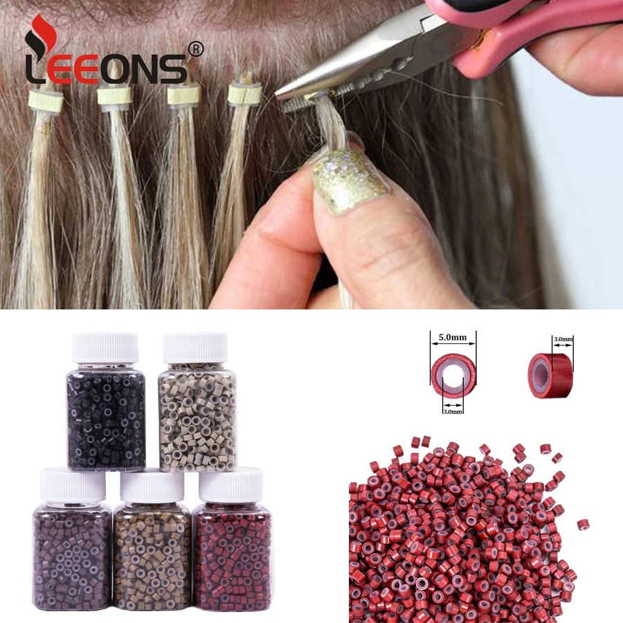 1000Pcs Beads Silicone Aluminium Micro Rings 5.0X3.0 Mm Lined For Women Hair Extensions Tool Beads Brown Red Black Color