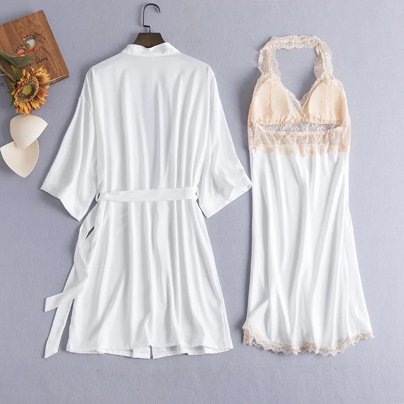 

2PCS Robe Suit Sexy Satin Women Lace Trim Kimono Gown Bride Bridesmaid Wedding Bathrobe Loose Casual Summer Home Dressing Gown