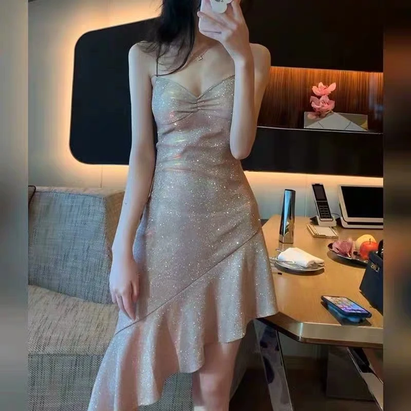 

235# sexy neck-hanging backless ladies waist slim irregular crow's feet nightclub dress dress