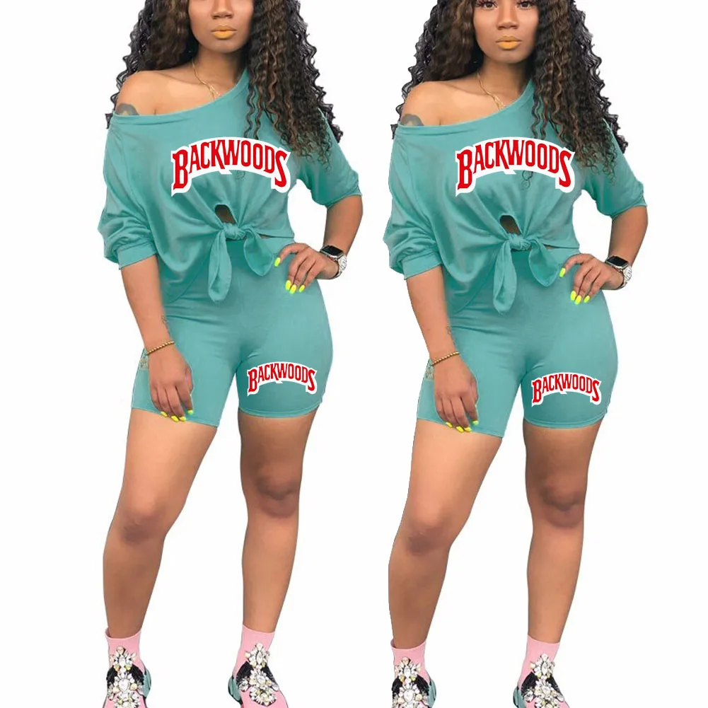 

Wholesale Summer Women Sexy New Designed Short Sleeve T Shirts + Shorts 2 Piece Set Tracksuit Biker Short Outfits For Women