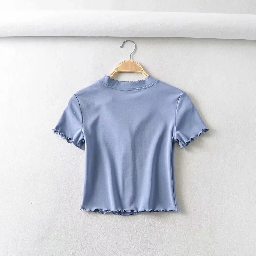 

V-neck cardigan BM short sleeve T-shirt women's summer navel short retro V-neck lace single breasted T-shirt