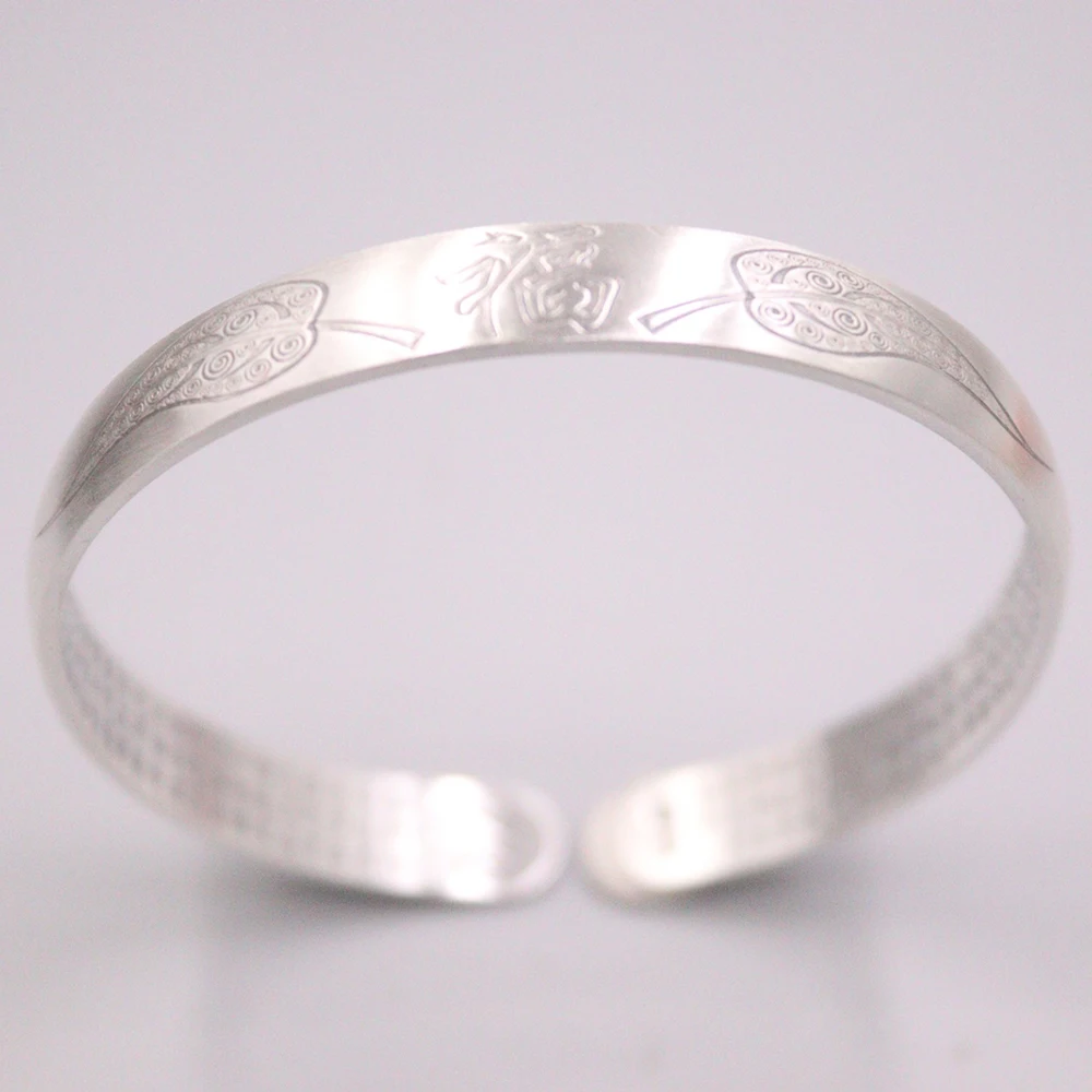 

Free Shipping S999 Fine Silver Bangle Women Luck Leaf Fu Heart Stura Open Size Bangle 58-60mm 8mmW 25-26g