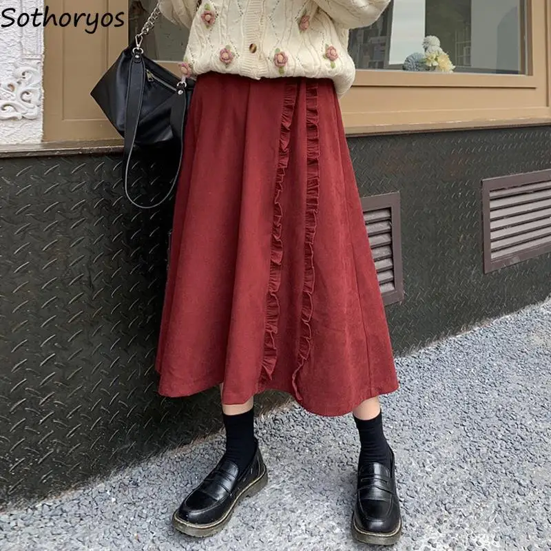

Sweet A-line Autumn Mid-calf Skirts Women Solid Empire Teenager New Arrival Tender Lovely Corduroy Retro Fungus-line Popular Ins