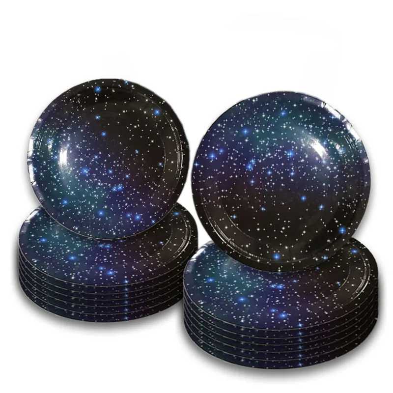 

8pcs Starry Sky Disposable Tableware Happy Birthday Party Decor Navy Blue Plates Cups Kid Andults Galaxy Table Baby Shower