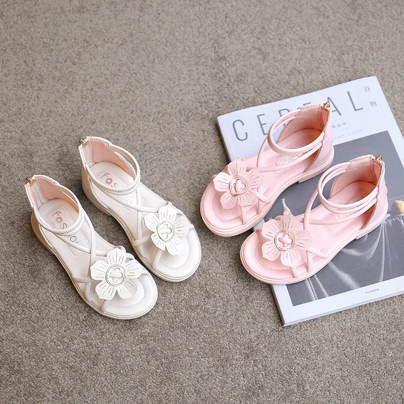 

New Children Shoes Summer Kids Baby Casual Soft-soled Shoes Teens Fashion Back Zipper Sandals Girl Woven Flower Princess Sandals