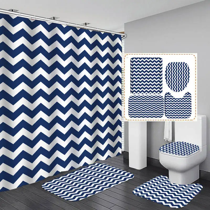 

Blue Wave Pattern Polyester Fabric Shower Curtain Non-Slip Bath Mat Toilet Lid Cover Rugs Home Bathroom Decor Set