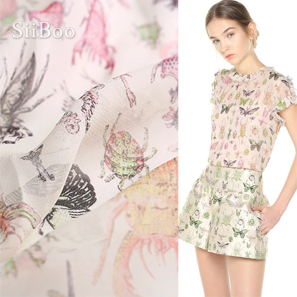 Модельная рубашка из 100% натурального шелка и шифона с милым принтом насекомых 8