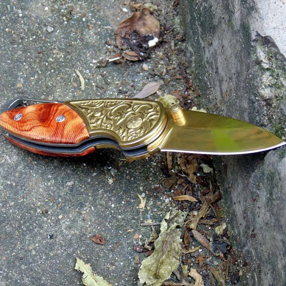 wooden handle folding knife Camping survival and self-defense portable practical Golden blade stainless steel sharp edge | Спорт и