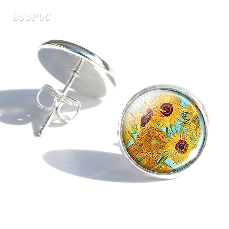 Серьги-гвоздики женские стеклянные с кабошоном изображением подсолнуха