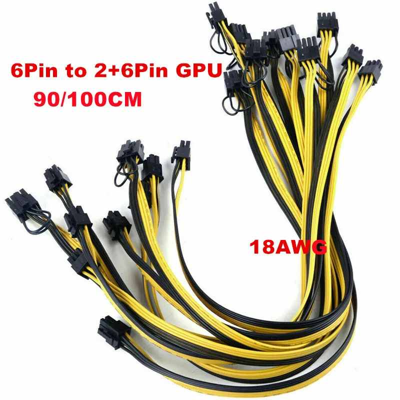 100/90 см 18AWG GPU PCIE PCI-Express 6Pin папа к 8Pin (6 + 2) видеокарта кабель питания для майнинга BTC