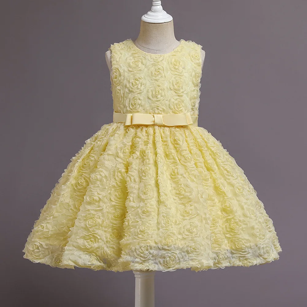 

2021 New Children Bow-Knot 3D Rose Petal Dresses For Girls Wedding Party Princess Clothing Cute Ballet Group Performance Costume
