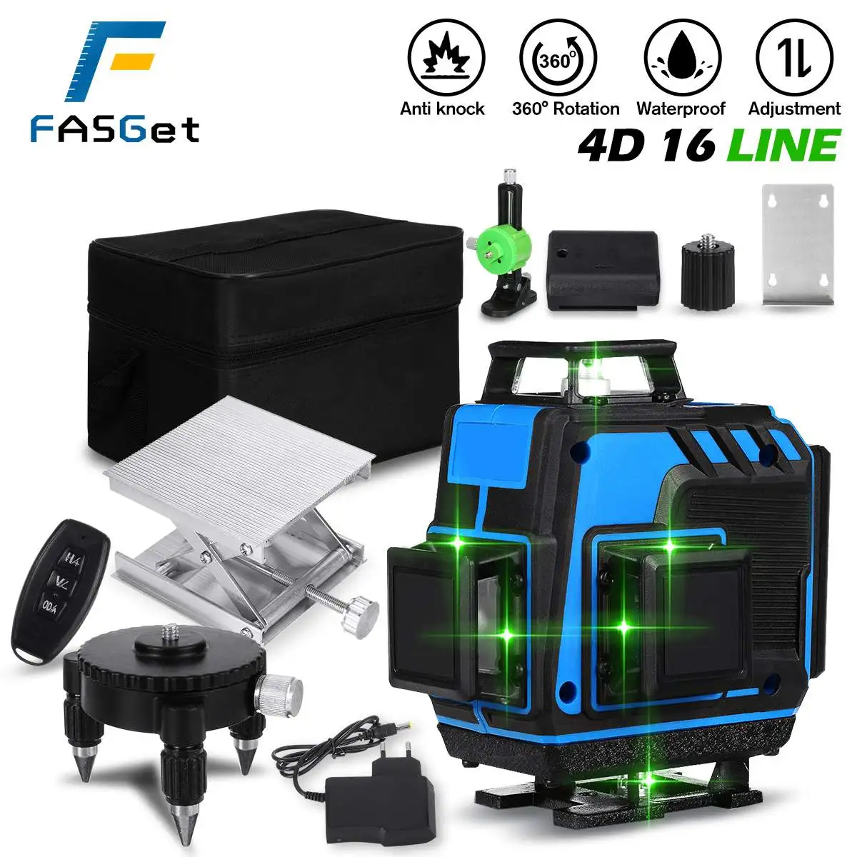 Лазерный уровень FASGet 8/12/16 линий горизонтальный и вертикальный крест на 360 ° 4D