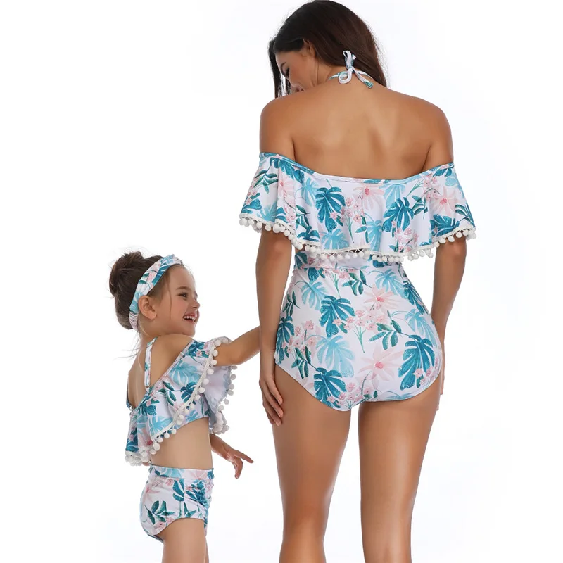 

Printed High Waist Crimp Flying Edge Parent Child Tube Top Swimsuit Set Mom Swimwear Mother Daughter Girl 2021 New Bathing Suits